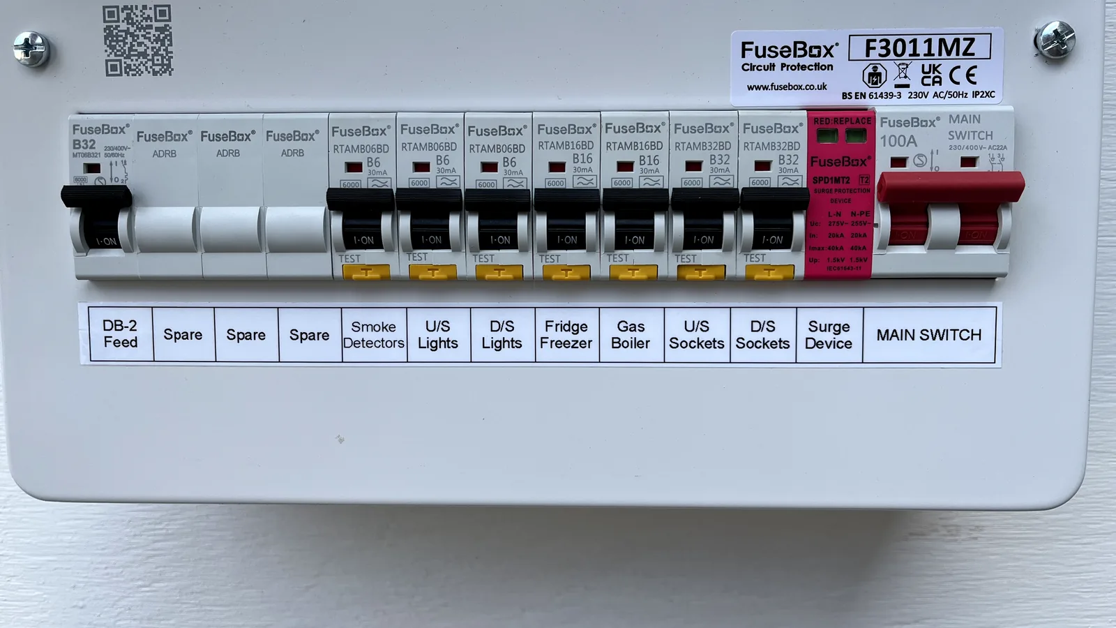 Modern RCBO consumer unit fitted by Dorset Rewires, each circuit on its own breaker with a yellow test button